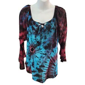Gypsy Rose Peasant Top Tie Dye Bell Flutter 3/4 Sleeve Scoop Tie Neck Hippie Med